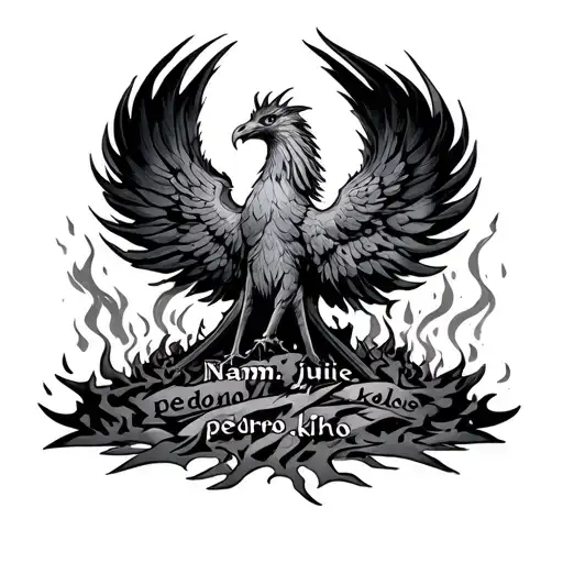 "Naomi ,Julie, pedro,khloe" Phoenix rising from ashes with names incorporated tattoo design idea