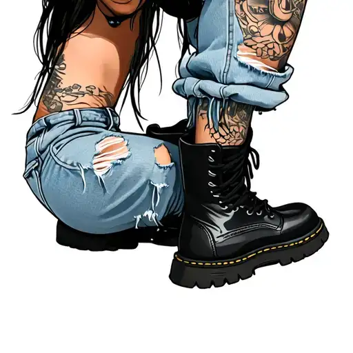 caricature girl wearing light denim baggy ripped pants with combat boots tattoo design idea