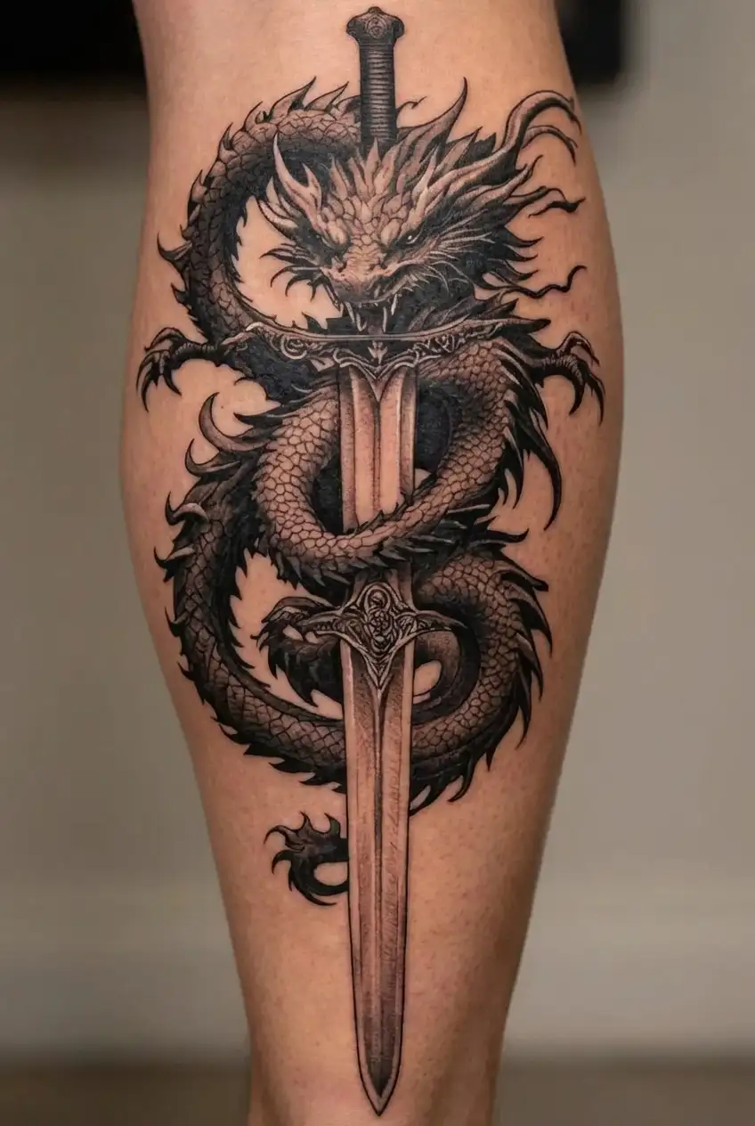 dragon wrapped around a katana sword tattoo design idea