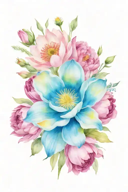 waterlily, poppy, aster, morning glory, peony, narcissus bouquet tattoo design idea