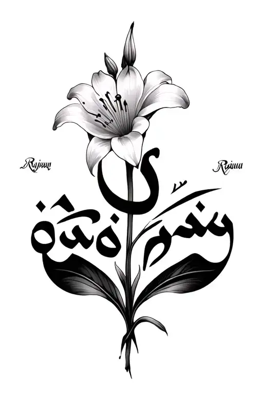 Arabic calligraphy name Rajwa integrated as stem of delicate,lily flower tattoo, gothic" tattoo design idea