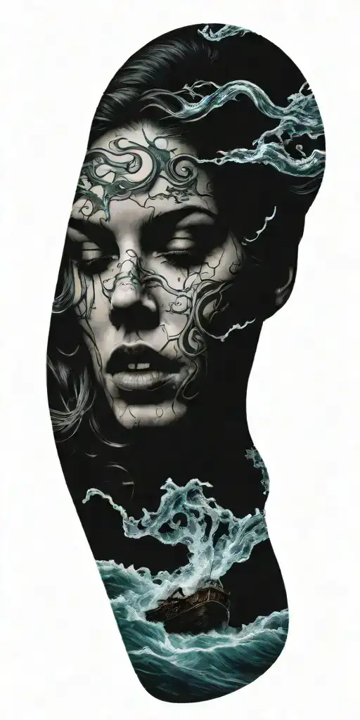 waves crashing shipwreck morphing into woman's face tattoo design idea