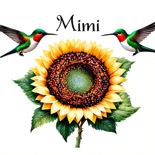 "Mimi" humming birds on sunflower word in middle tattoo design idea