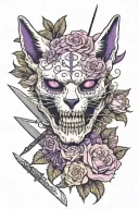 Tattoo with purple roses, half a cat skull and half a cat head, with three swords tattoo design idea