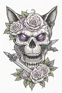Tattoo with purple roses, half a cat skull and half a cat head, with three swords tattoo design idea