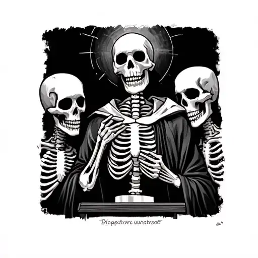 draw me a tattoo with a skeleton preaching to other skeletons. the preacher skeleton should have a robes and a hour glas tattoo design idea