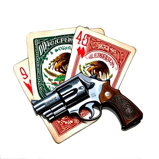 Mexico, cartel, barbed wire, revolver pistol and cards tattoo design idea