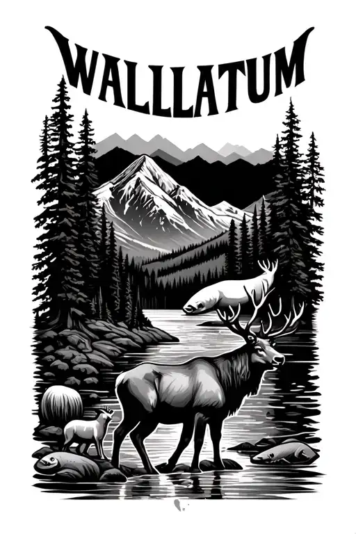 the word 'WALLULATUM' along with an elk, a deer, a salmon, trees, a mountain, and a river tattoo design idea
