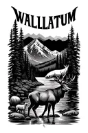 the word 'WALLULATUM' along with an elk, a deer, a salmon, trees, a mountain, and a river tattoo design idea