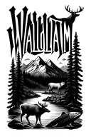 the word 'WALLULATUM' along with an elk, a deer, a salmon, trees, a mountain, and a river tattoo design idea