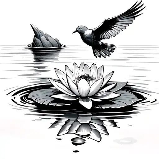A serene waterlily floating on calm water with a peaceful dove flying above, symbolizing peace and tranquility tattoo design idea