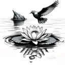 A serene waterlily floating on calm water with a peaceful dove flying above, symbolizing peace and tranquility tattoo design idea