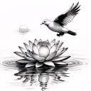 A serene waterlily floating on calm water with a peaceful dove flying above, symbolizing peace and tranquility tattoo design idea