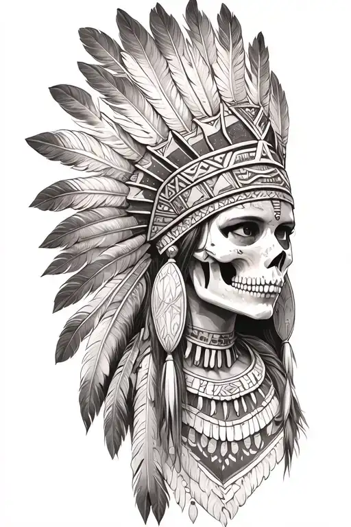 aztec warrior girl, skeletal face, crown warrior-like appearance feathers, spirituality, face looking to left tattoo design idea