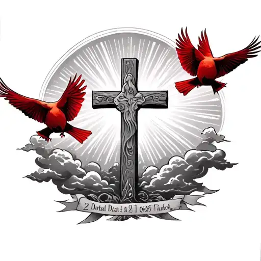 2 cardinals flying around a cross with light rays coming through clouds around it with 2 birth dates-death dates tattoo design idea