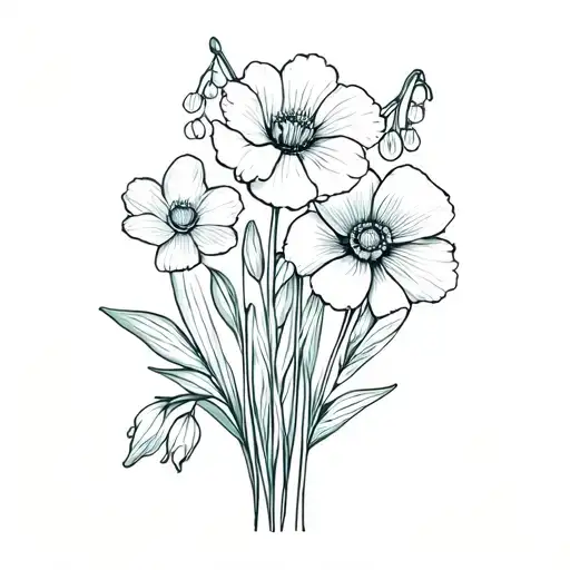 Fine Line flower bouquet with a primrose, lily of the valley, poppy and 2 narcissus flowers tattoo design idea