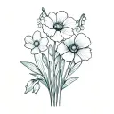 Fine Line flower bouquet with a primrose, lily of the valley, poppy and 2 narcissus flowers tattoo design idea