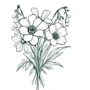 Fine Line flower bouquet with a primrose, lily of the valley, poppy and 2 narcissus flowers tattoo design idea