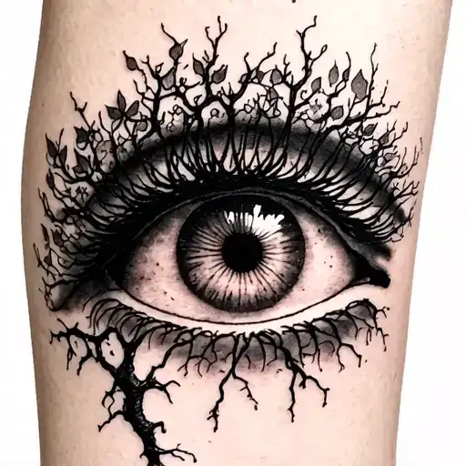forearm tattoo of a poison tree where the roots go into the eyelashes of an eye on the hand tattoo design idea