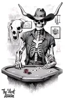 skeleton cowboy at poker table with longhorn skull on wall in a bar setting. adding text "The Silent Assassin" tattoo design idea