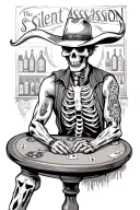 skeleton cowboy at poker table with longhorn skull on wall in a bar setting. adding text "The Silent Assassin" tattoo design idea