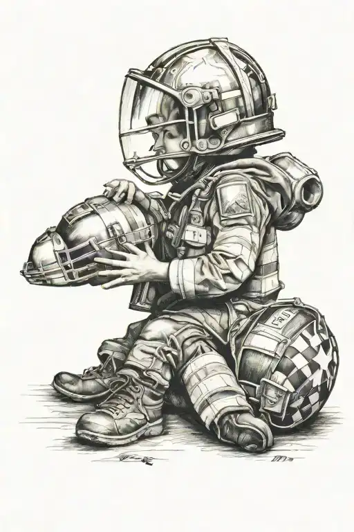 A child trades a firefighter a football for his helmet tattoo design idea