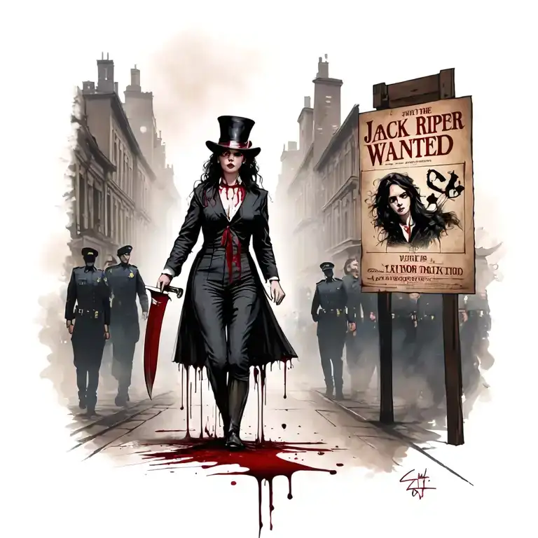 "Jack the ripper wanted" bloody woman jack the ripper knife walking past wanted poster with police tattoo design idea