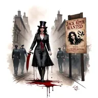 "Jack the ripper wanted" bloody woman jack the ripper knife walking past wanted poster with police tattoo design idea