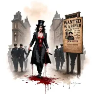 "Jack the ripper wanted" bloody woman jack the ripper knife walking past wanted poster with police tattoo design idea