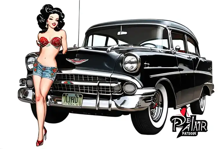 old school bel air car with chola pin up girl tattoo design idea
