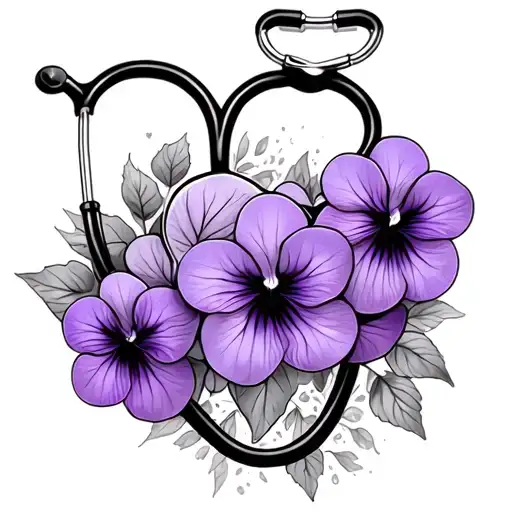 Create tattoo for behind right ear. Heart shaped Stethoscope in black with purple african violets intertwined  tattoo design idea