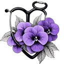 Create tattoo for behind right ear. Heart shaped Stethoscope in black with purple african violets intertwined  tattoo design idea