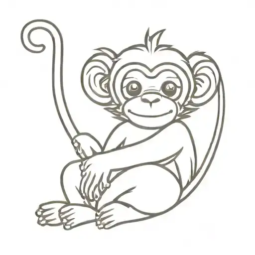 A playful and warm tattoo of a cute, fluffy monkey. The monkey is sitting in a relaxed position, with a friendly smile o tattoo design idea