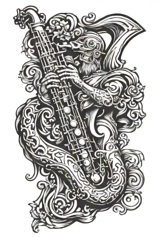 A tattoo design featuring a saxophone intertwined with a majestic Greek god, symbolizing the harmony between music and mythology tattoo design idea