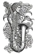 A tattoo design featuring a saxophone intertwined with a majestic Greek god, symbolizing the harmony between music and mythology tattoo design idea