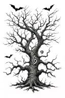 Leafless tree forming number 9 with bats flying tattoo design idea