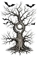 Leafless tree forming number 9 with bats flying tattoo design idea