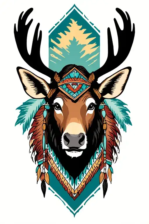 North American Moose head with feminine qualities and Native American and Art Deco elements tattoo design idea