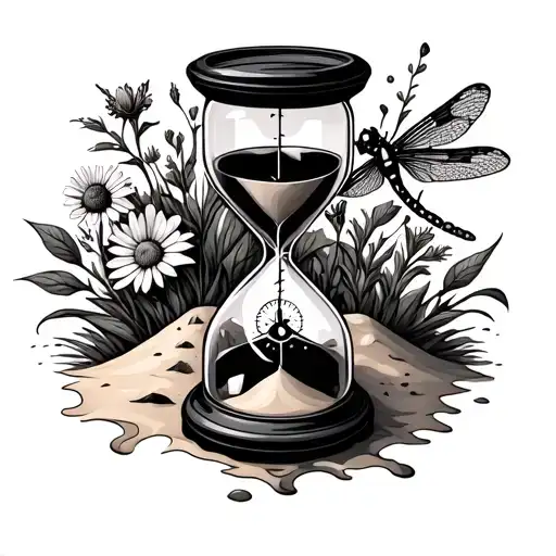 hourglass with bleeding heart as sand, abundant wildflowers surrounding, incorporate a compass and dragonfly tattoo design idea