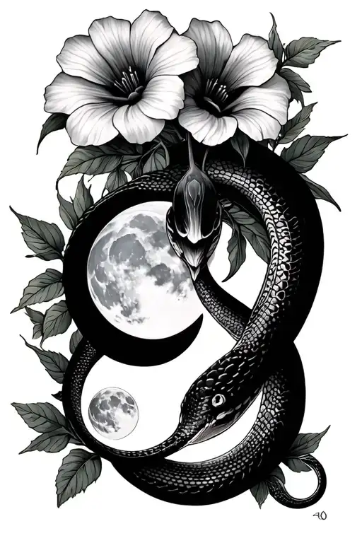 I want aster and morning glory flowers. A snake. And the 3 moons of Greek goddess Hecate tattoo design idea