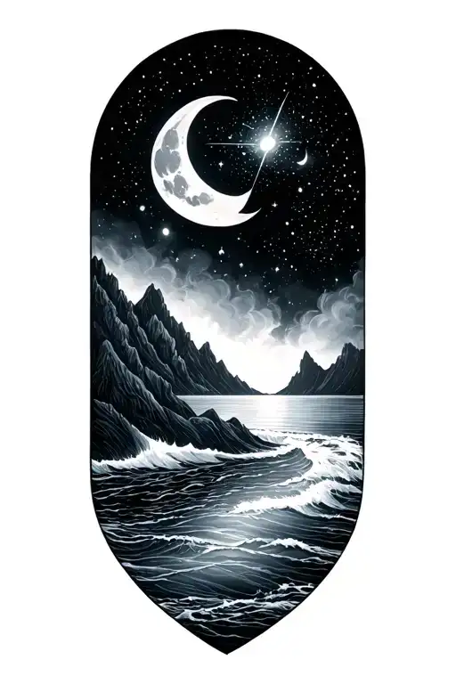 ocean, moon, big dipper, mountains tattoo design idea