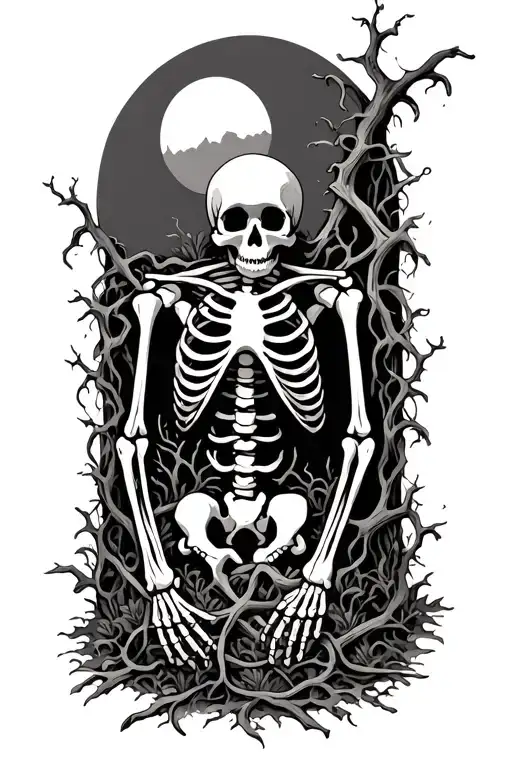 skeleton wrapped in vines with a graveyard scenery but in the style of realism tattoo design idea