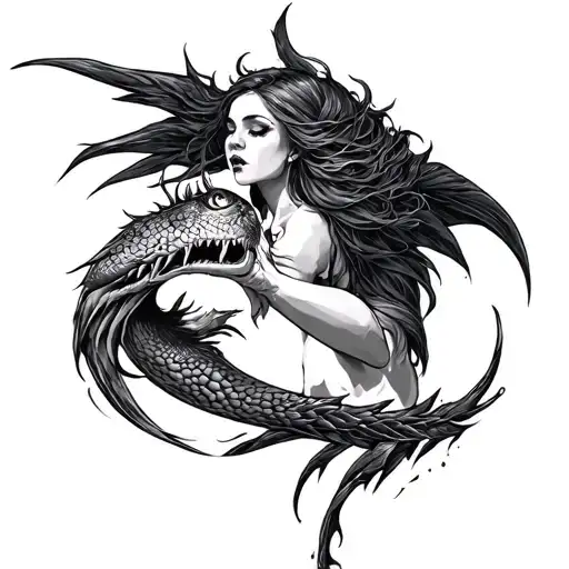 evil siren luring someone in realistic  tattoo design idea