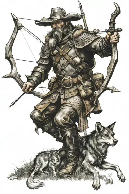 Medival hunter with a bow hunting scene tattoo design idea