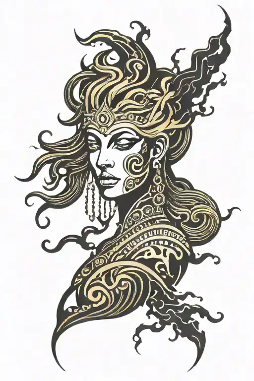 gold metallic Greek goddess with clouds and lightning  tattoo design idea