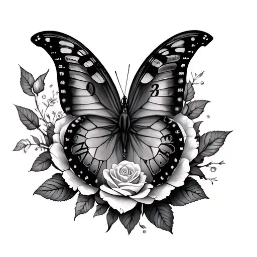 butterfly clock rose surrounded tattoo design idea