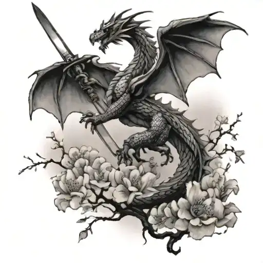 A black-grey tattoo of a dragon breathing fire onto a field of cherry blossom trees with sword  tattoo design idea