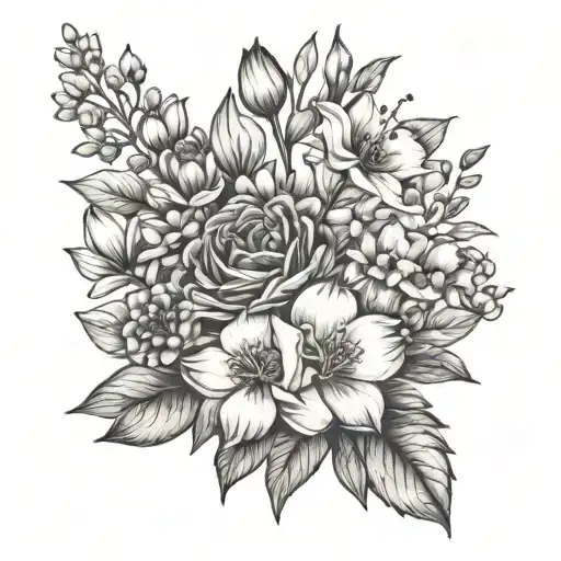 March July December birth flower bouquet tattoo design idea