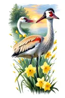 sandhill crane bird daffodils sunset scene tattoo design idea