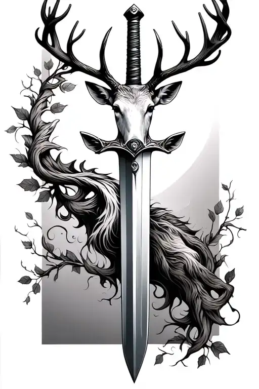 long sword wrapped masculine deer head handle small leaves running vines tattoo design idea
